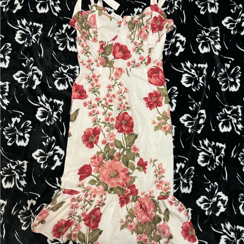 Floral Print Women's Dress - Red and White